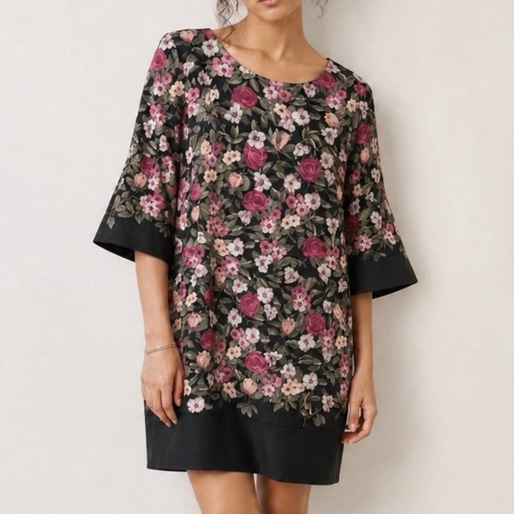 Karl Lagerfeld Paris Black Pink Floral Shift Dress 12 Dark Romantic Office Siren